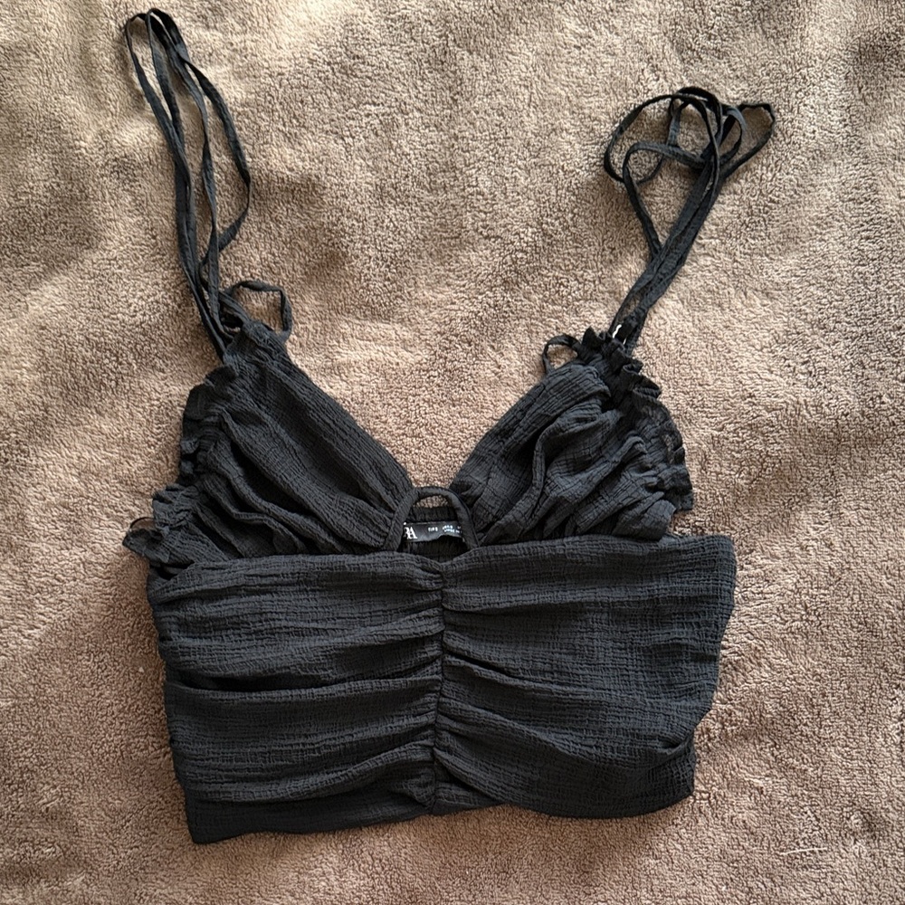 Zara Black Textured Ruffle Crop Top